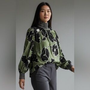 Ollari Vita Blouse Juniper Botanical Beaded Mock Neck Green/Black Top NWT - S